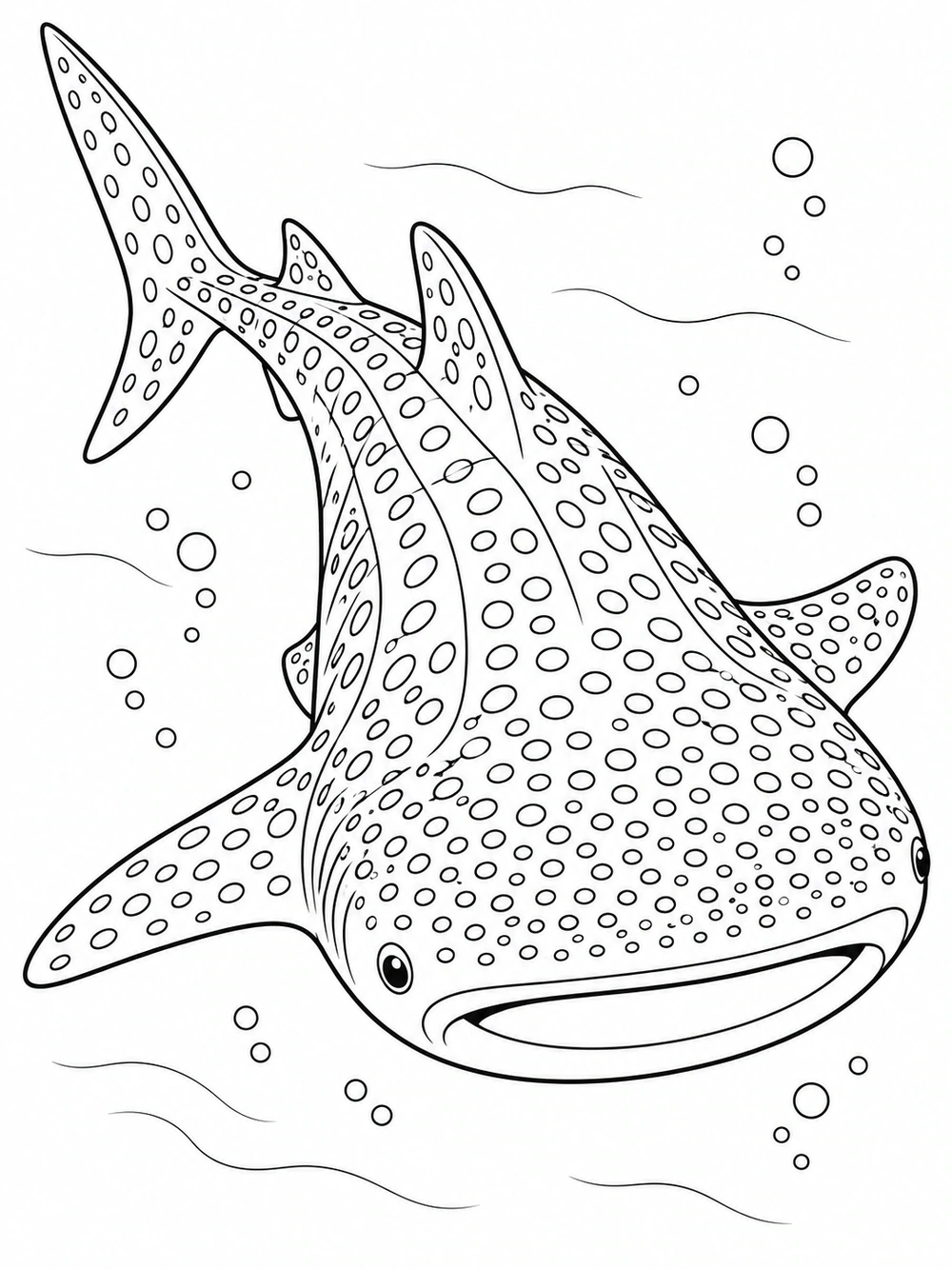 A large spotted whale shark swims toward the viewer, surrounded by bubbles and simple water lines.