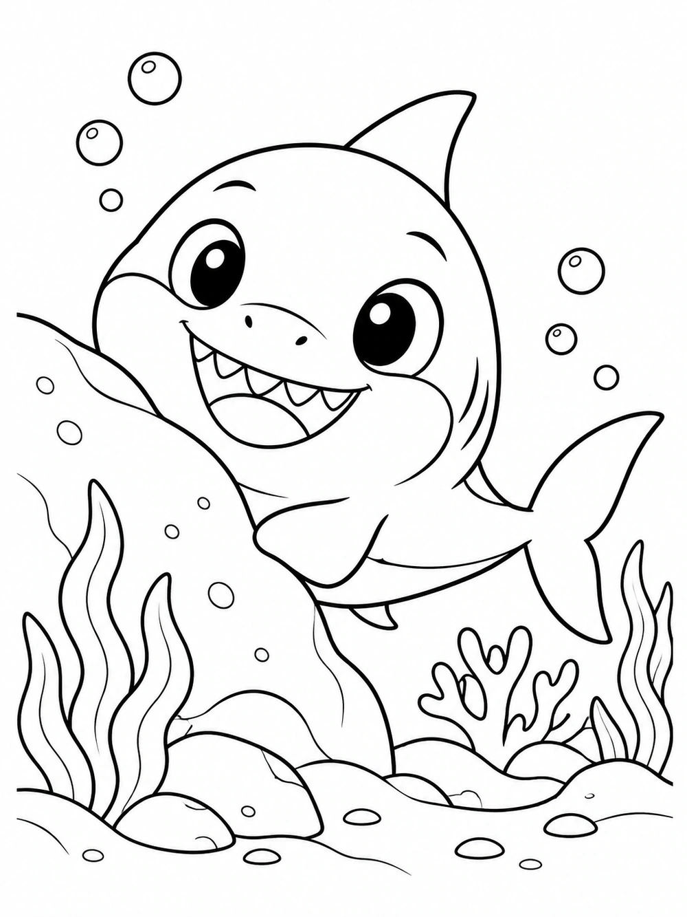 Smiling baby shark peeking around an underwater rock, with bubbles, sea plants, and stones