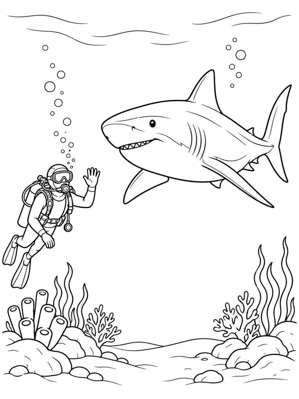 A scuba diver waves beside a large shark in an underwater scene with bubbles and a detailed seabed.