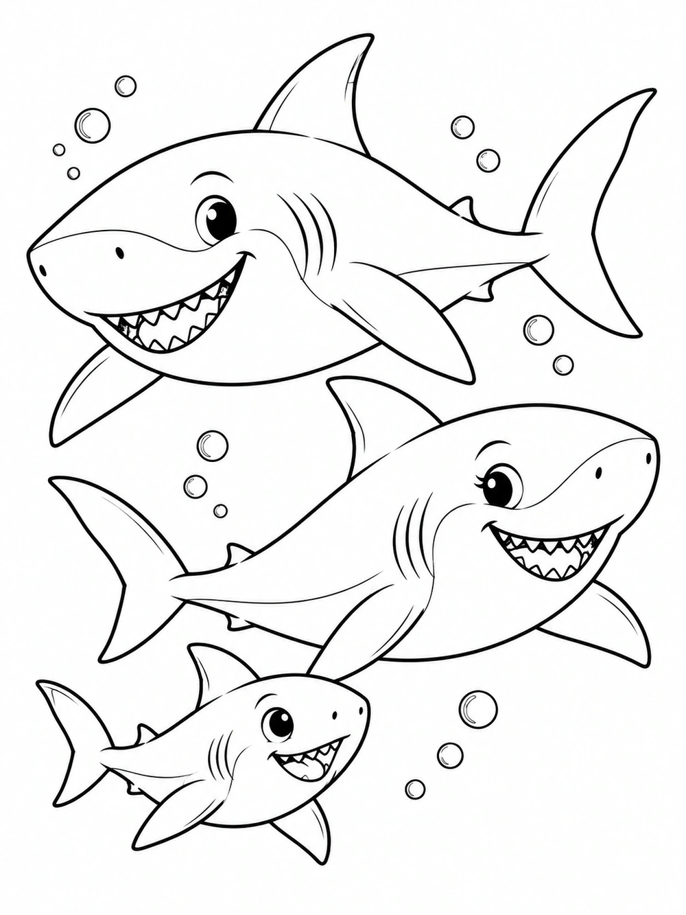 Two large smiling sharks and a noticeably smaller shark pup swimming among bubbles in a black-and-white coloring page.