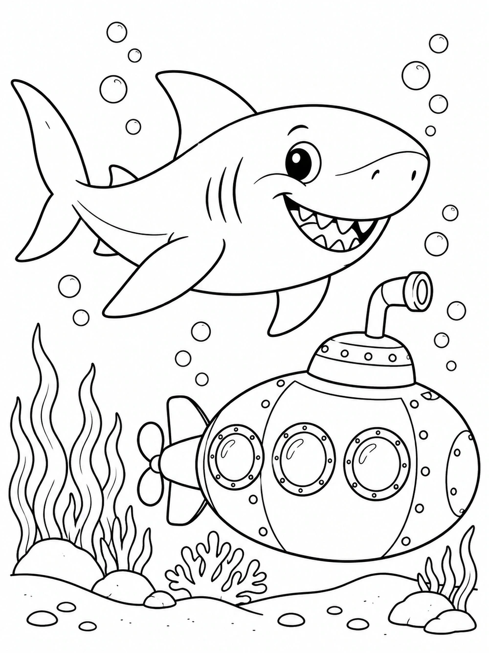A friendly, big-eyed shark swims beside a rounded submarine with circular windows, surrounded by bubbles and simple sea-floor plants.