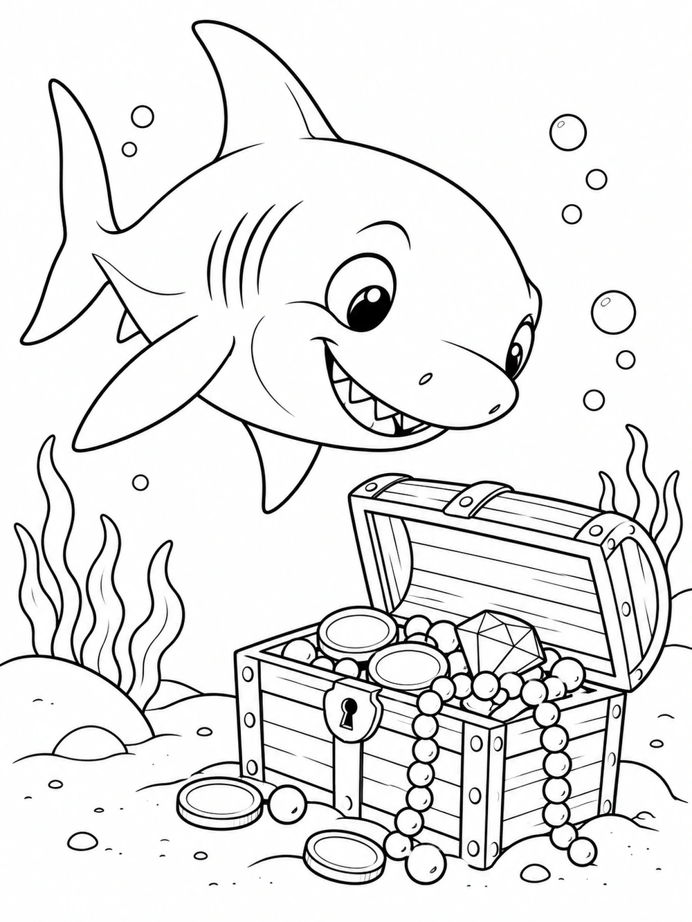 A smiling shark hovering above an open treasure chest spilling coins and pearls, with bubbles and seaweed nearby.