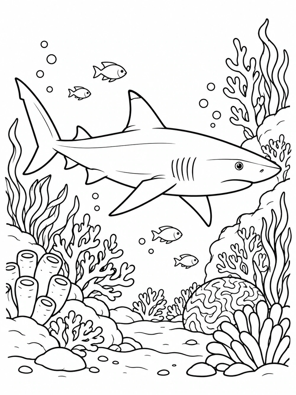 Large reef shark swimming horizontally among coral, sea plants, bubbles, and small fish.