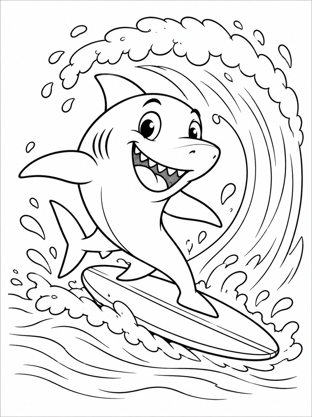 A smiling shark balances on a surfboard amid a curling wave and spray.