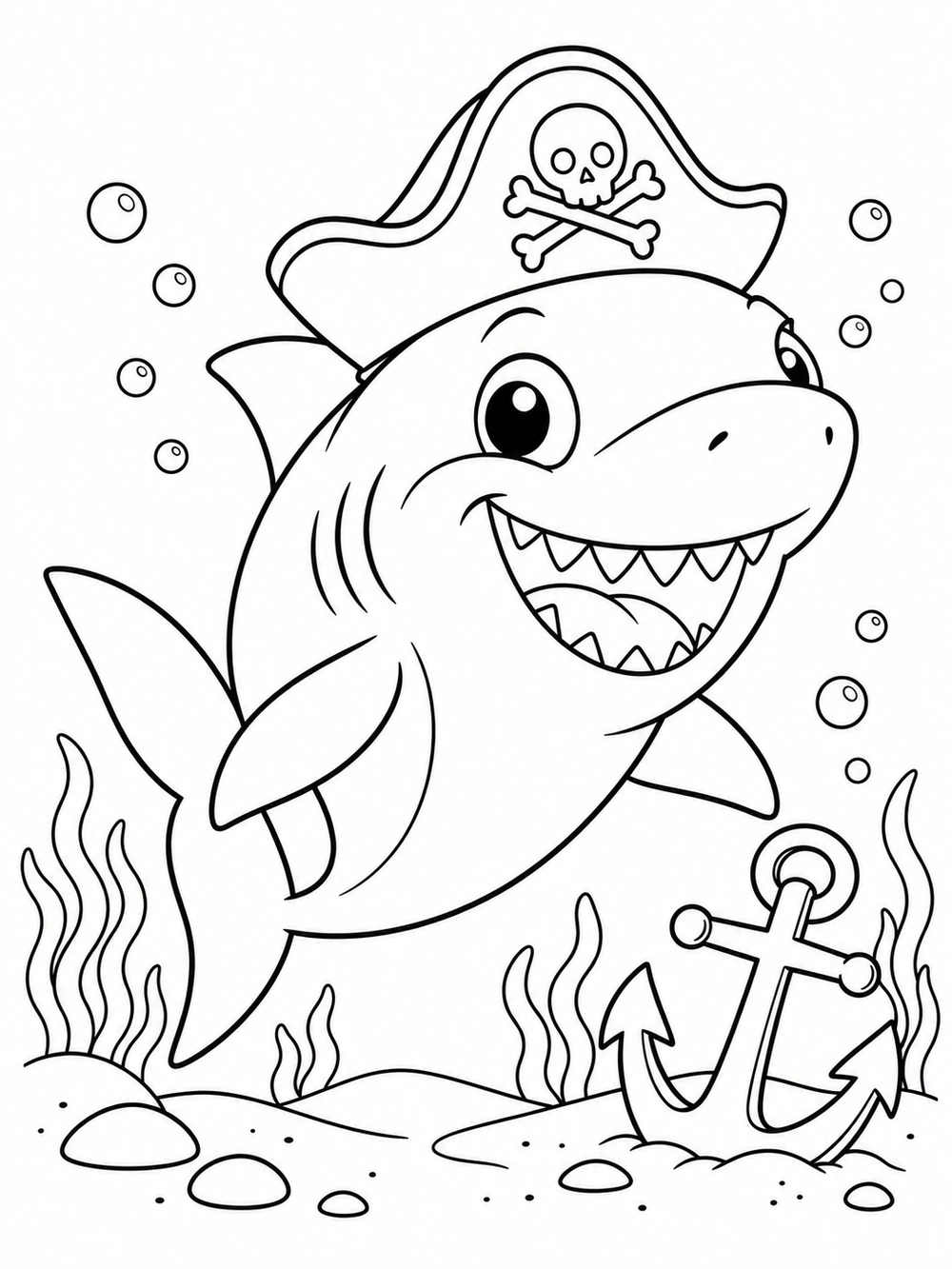 Cheerful shark in an outlined pirate hat with a skull-and-crossbones, beside an anchor among seabed plants and bubbles.
