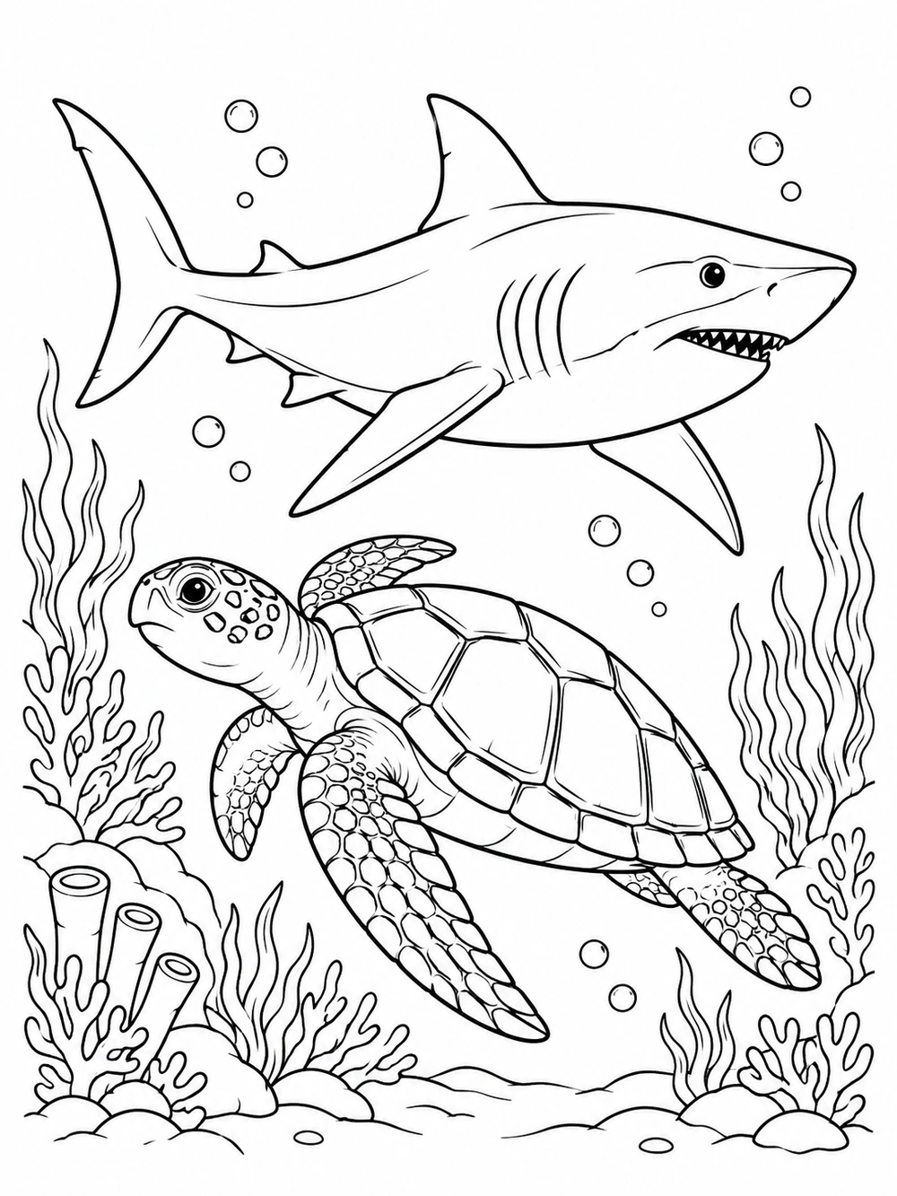 Black-and-white coloring page showing a large shark swimming above a sea turtle with a segmented shell, surrounded by bubbles and sea plants.