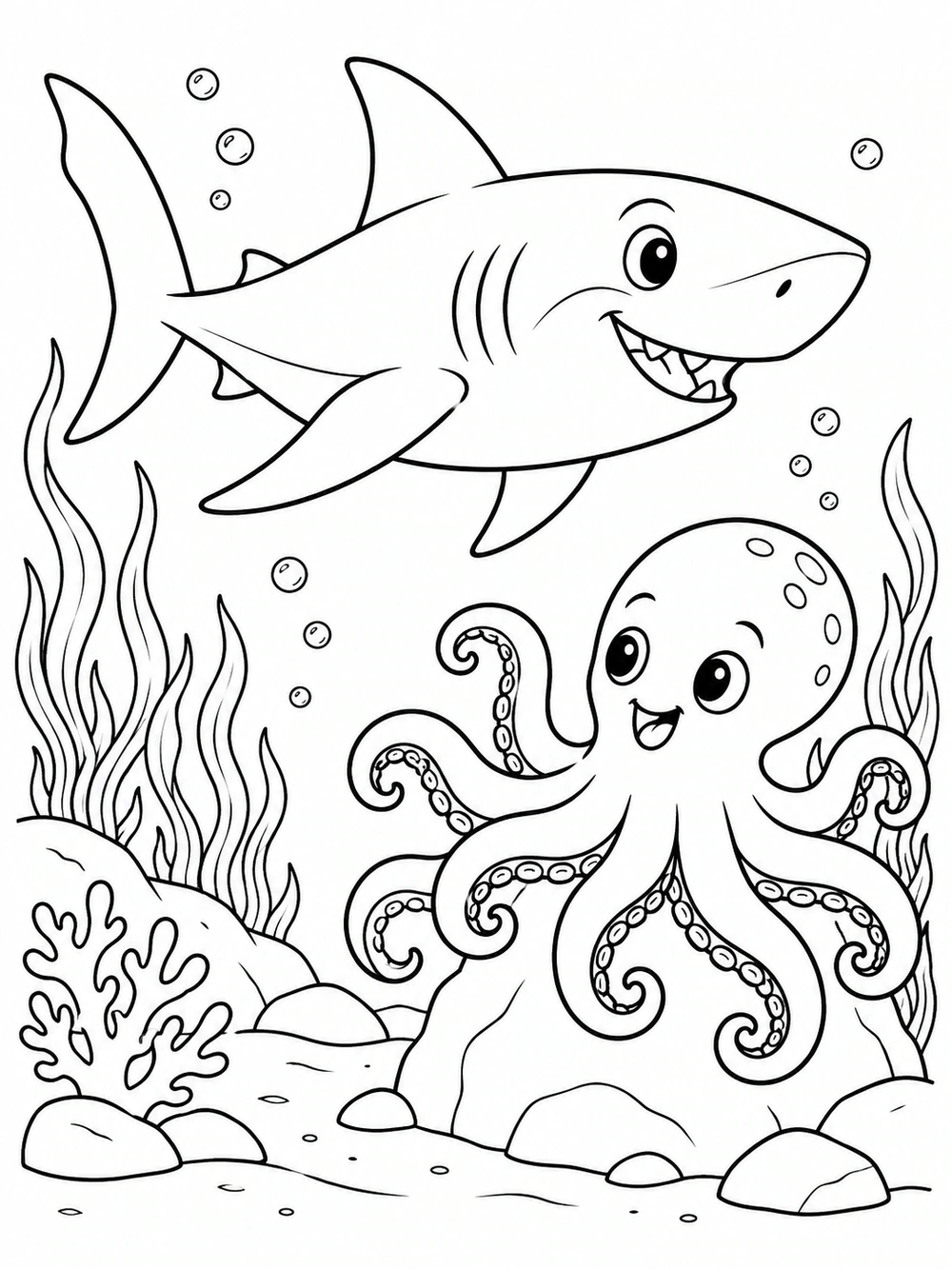 A smiling shark swims above a friendly octopus perched on a rocky ocean floor, surrounded by seaweed and bubbles.