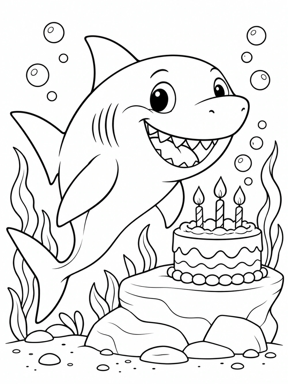 Friendly smiling shark beside a decorated birthday cake with candles, seaweed, and bubbles