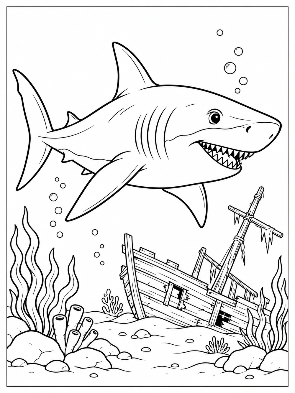 A large shark swimming above a small sunken wooden shipwreck with a broken mast, seabed plants, and bubbles.