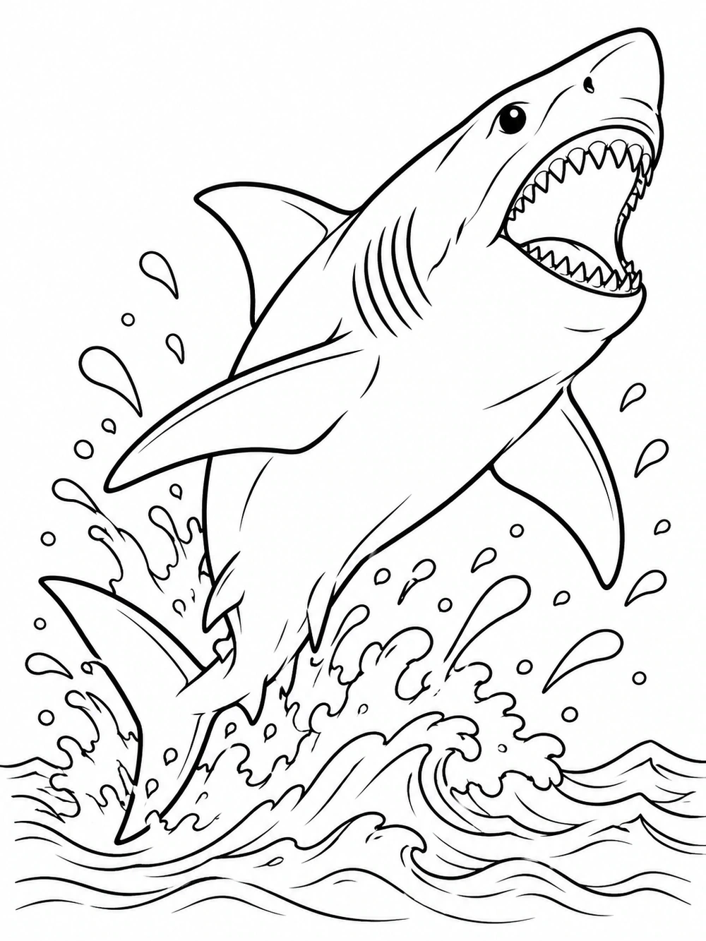 Black-and-white line art of a shark leaping upward from crashing ocean waves, surrounded by water droplets.