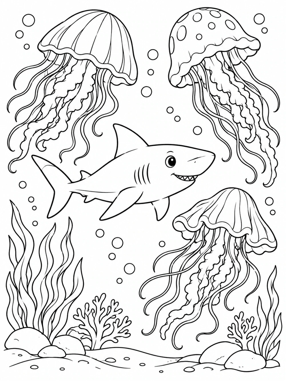 A smiling little shark swims between three large jellyfish, with bubbles, seaweed, coral, and rocks around them.