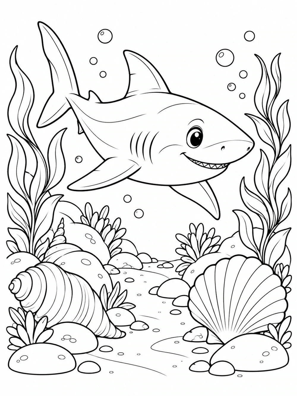 Smiling shark swimming above a shell-lined garden path, surrounded by sea plants and stones.