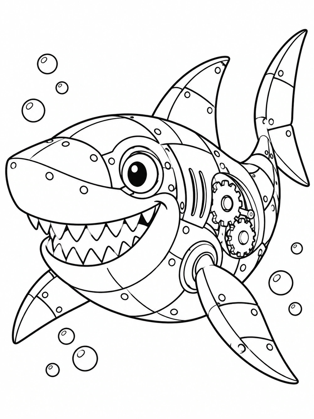 Friendly mechanical shark with visible gears and panels