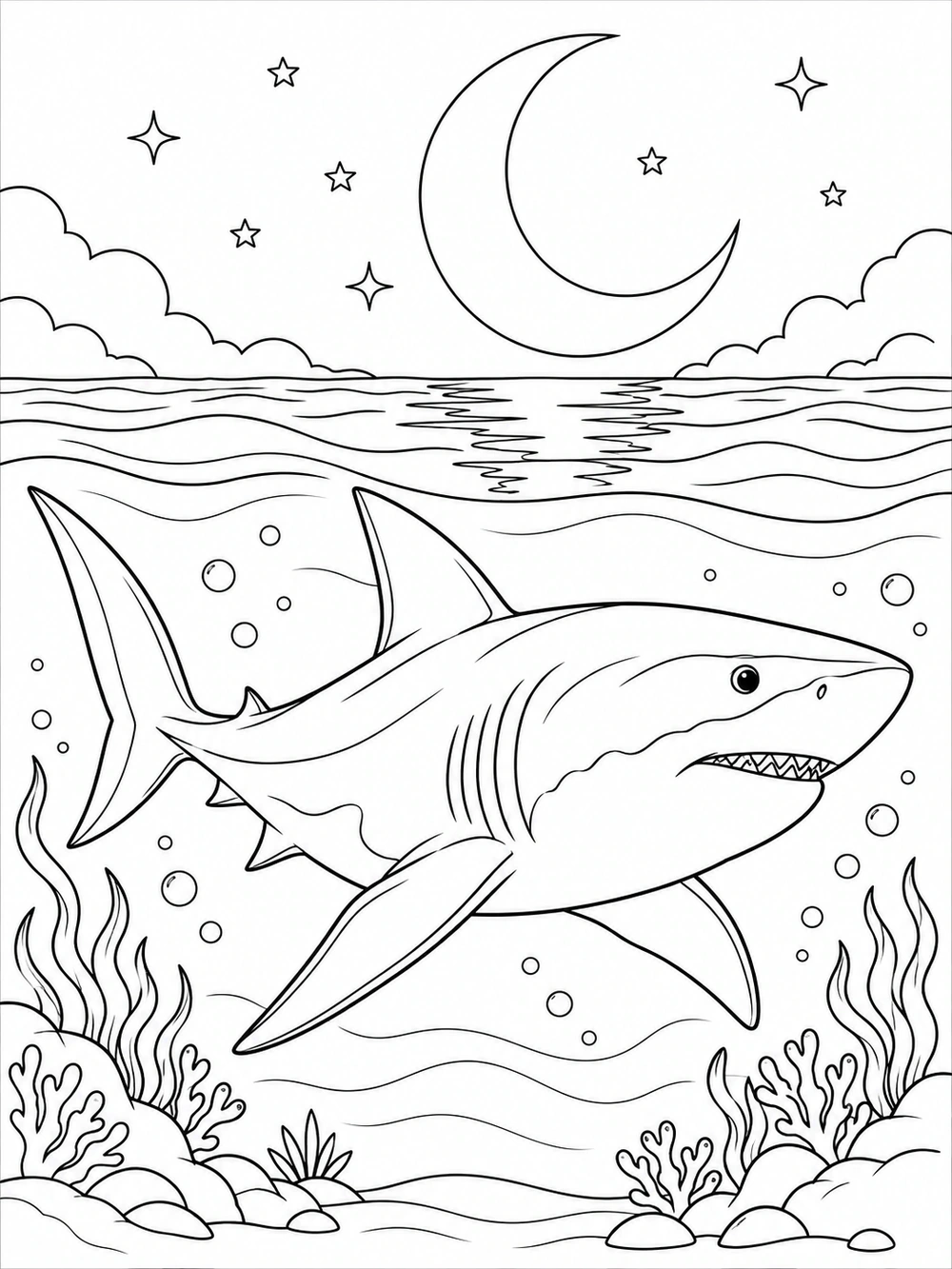 A large shark gliding through calm water beneath a crescent moon, stars, and gentle waves, with sea plants and bubbles around it.