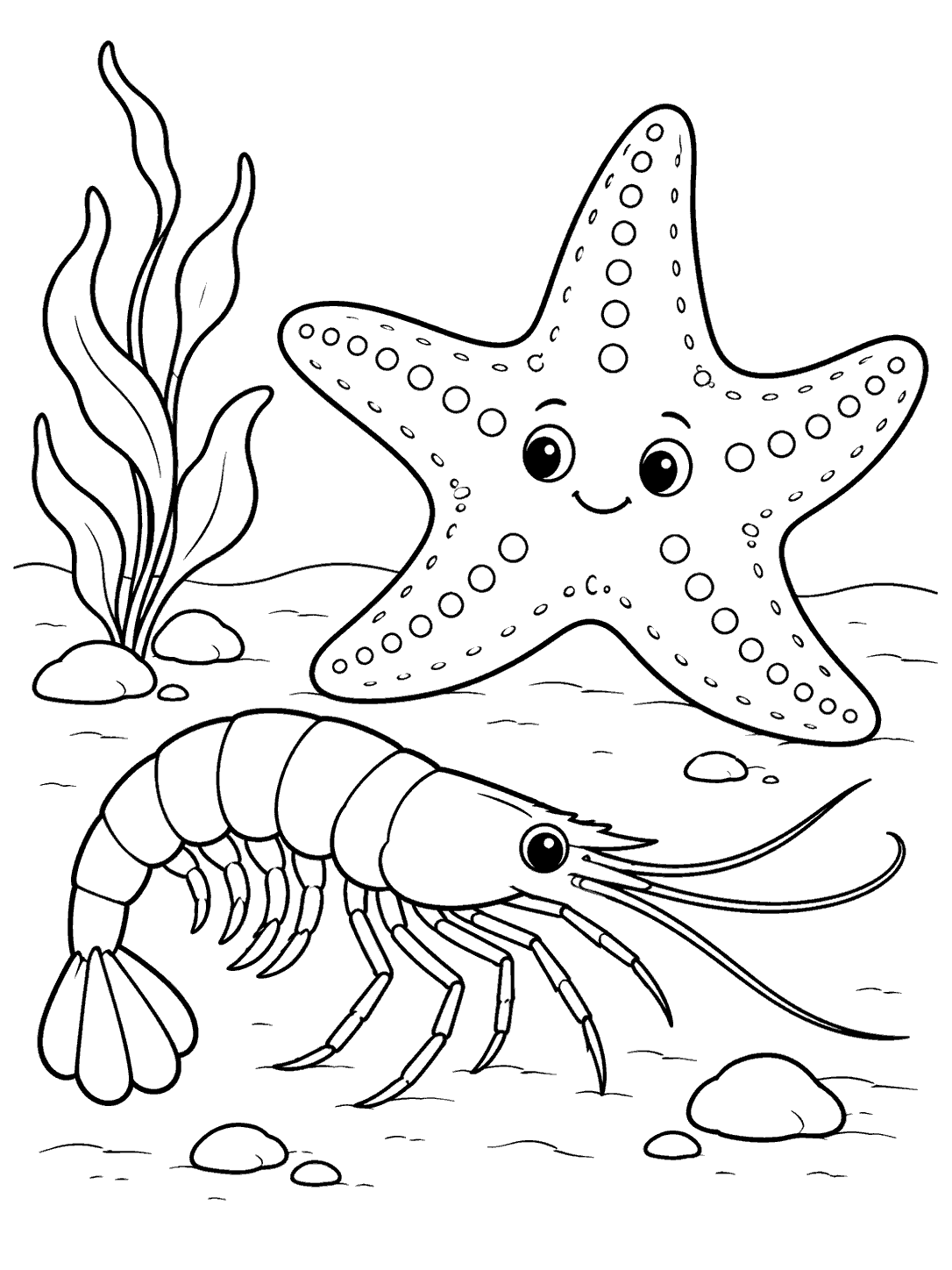 Printable coloring page showing a shrimp beside a friendly sea star, with kelp and pebbles on the seabed.