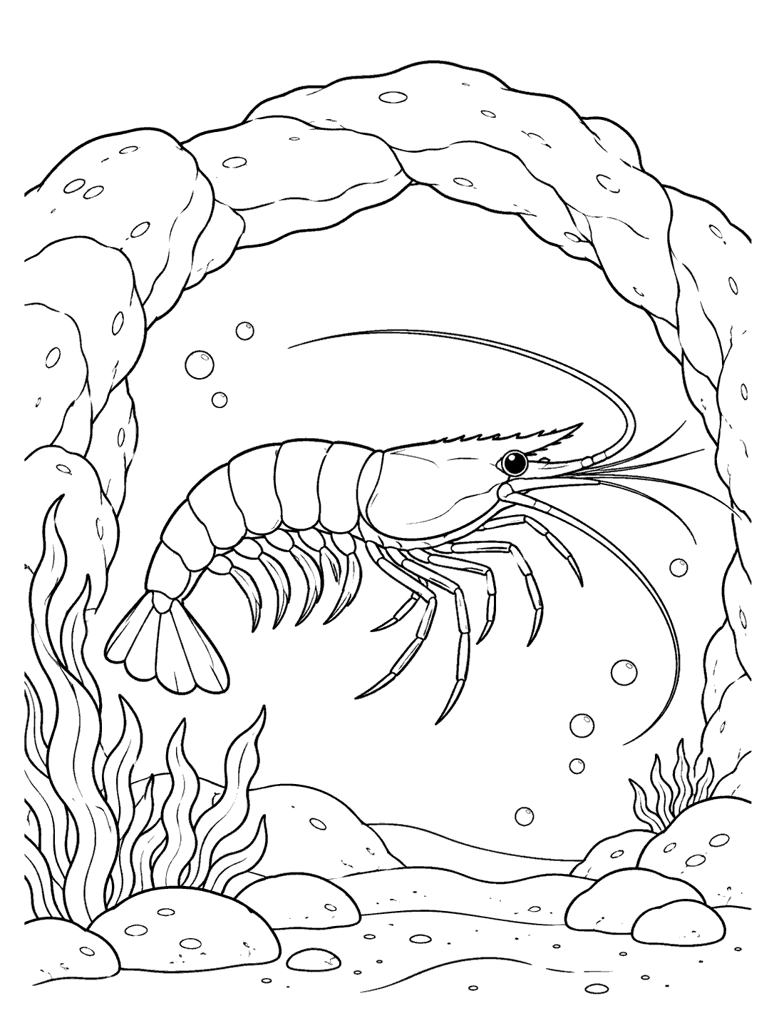 Printable black-and-white coloring page of a shrimp swimming beneath a broad rocky sea arch, with seaweed and stones.