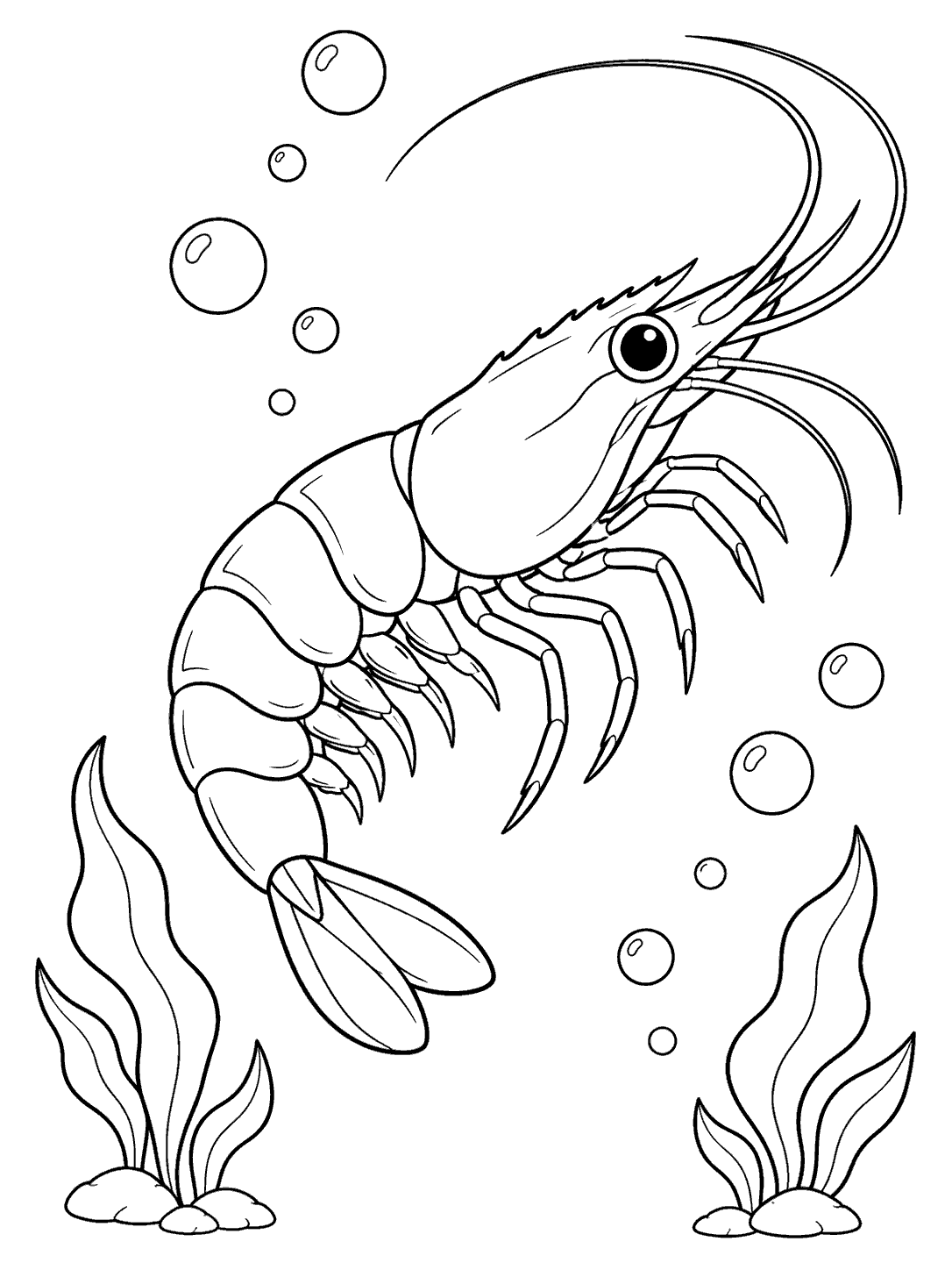 Printable black-and-white coloring page showing a shrimp rising diagonally through spaced bubbles, with seaweed at the bottom corners.