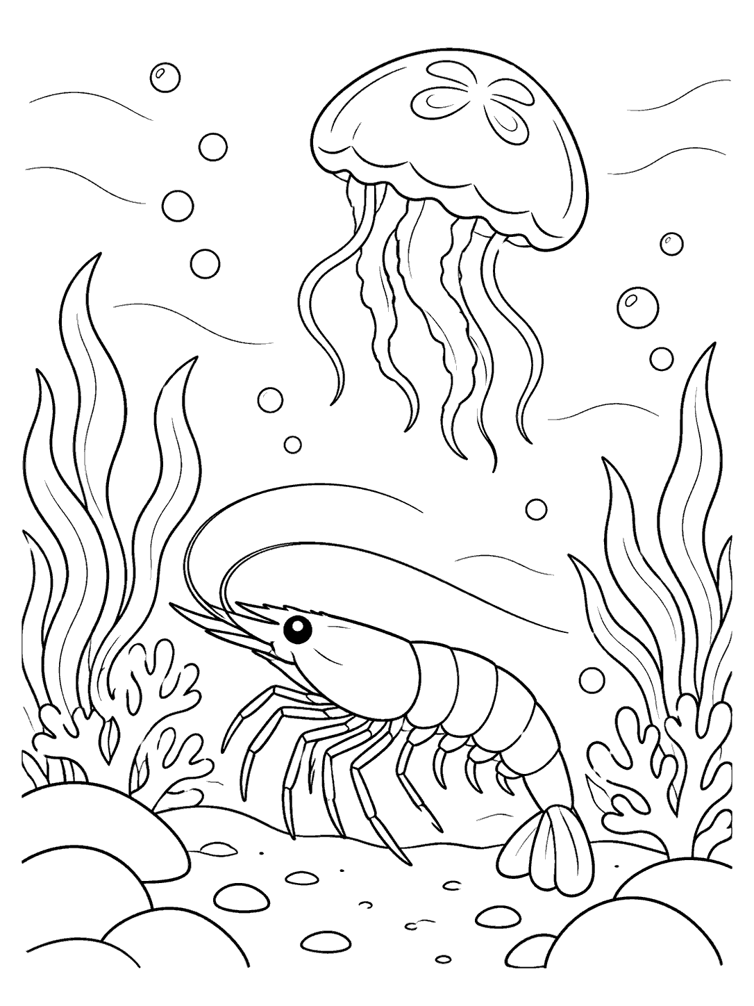 Printable underwater scene with one shrimp below a moon jellyfish, surrounded by sea plants and bubbles.