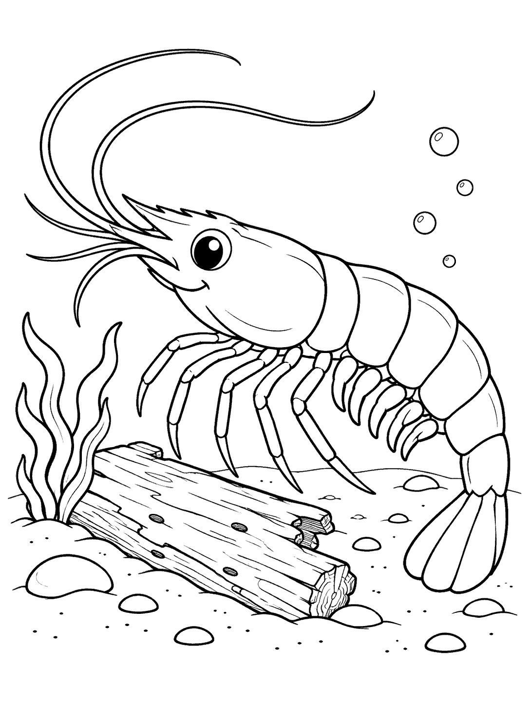 Printable black-and-white coloring page showing a large shrimp beside a weathered plank, seaweed, bubbles, and scattered seabed stones.