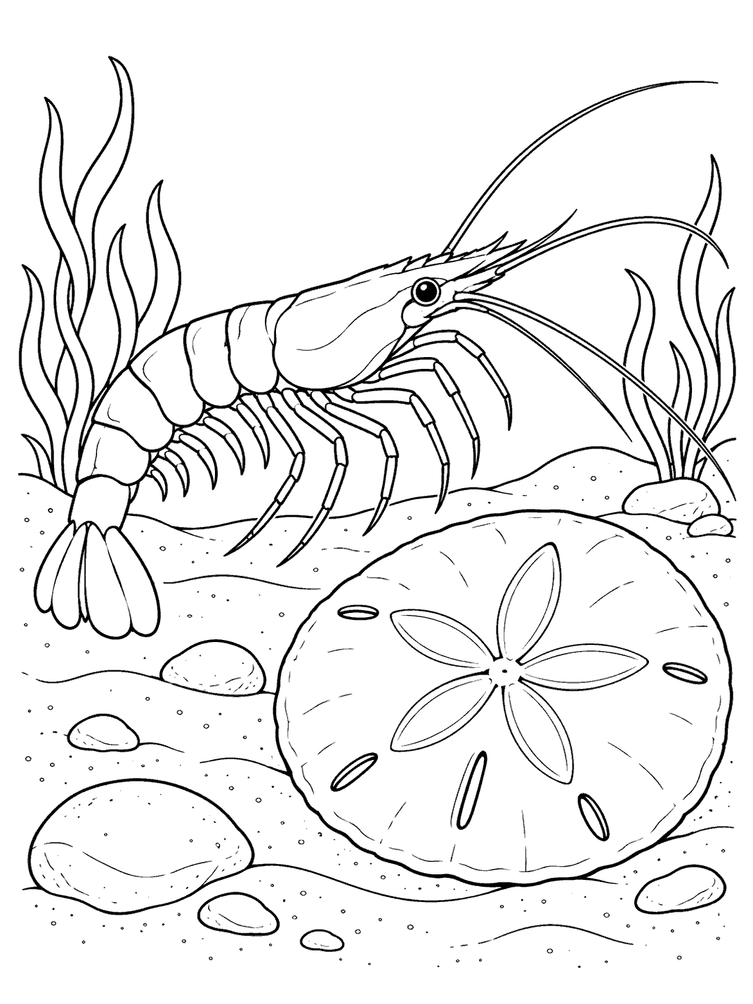 Printable shrimp passing a sand dollar