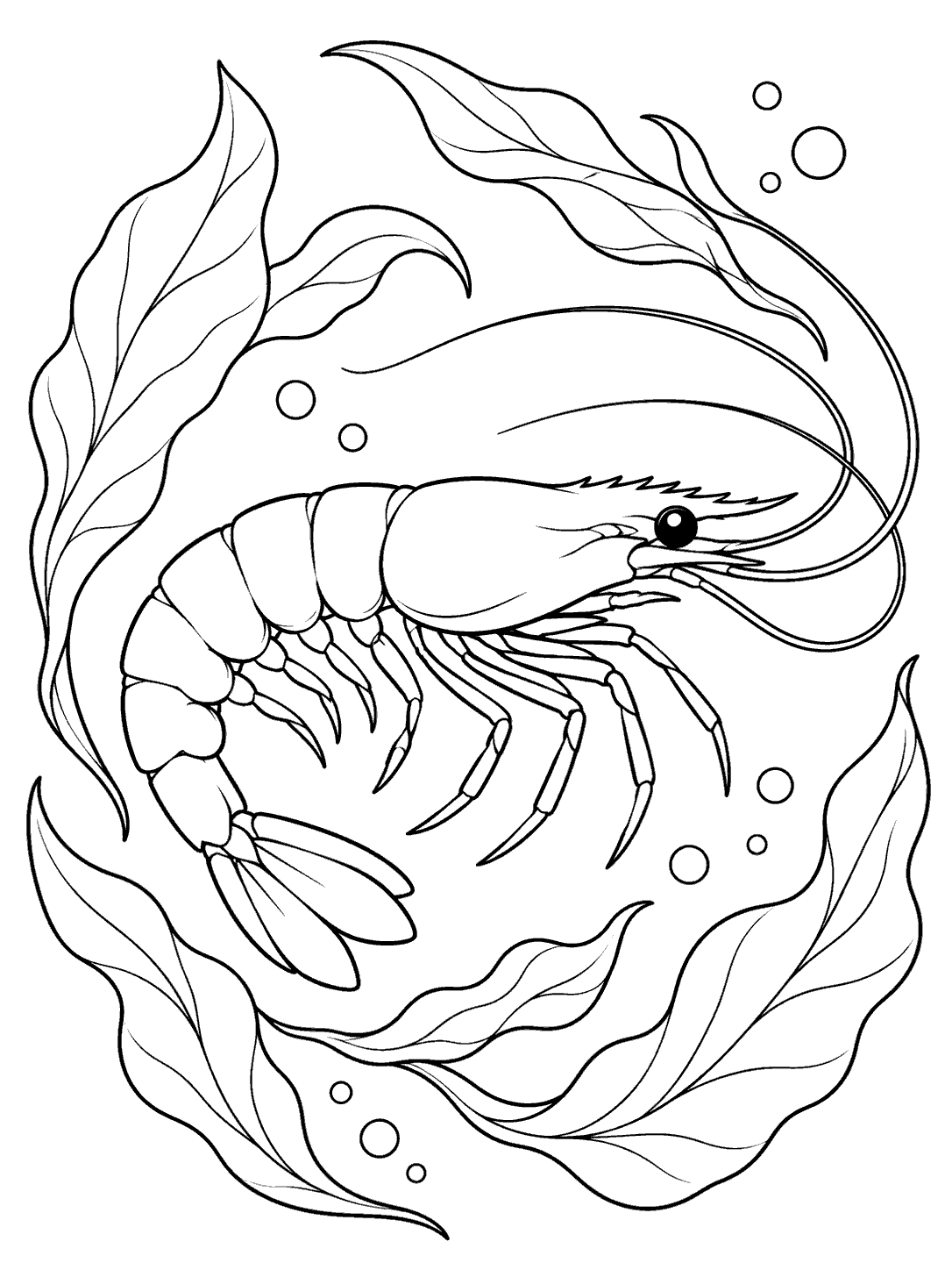 Printable shrimp swimming among drifting sea leaves