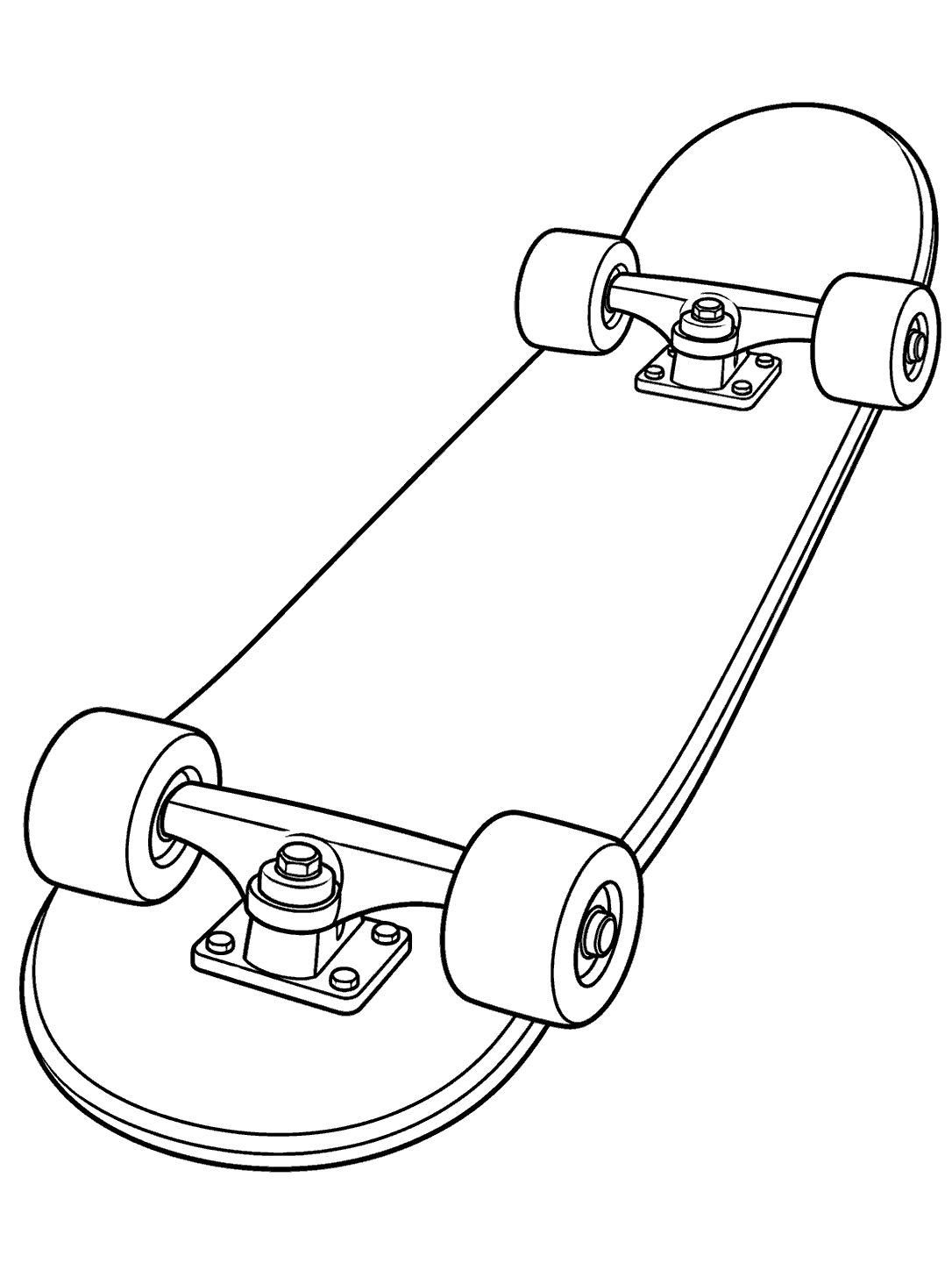 Black-outline coloring page of a classic skateboard viewed from below at a diagonal, showing its deck, trucks, and four wheels.