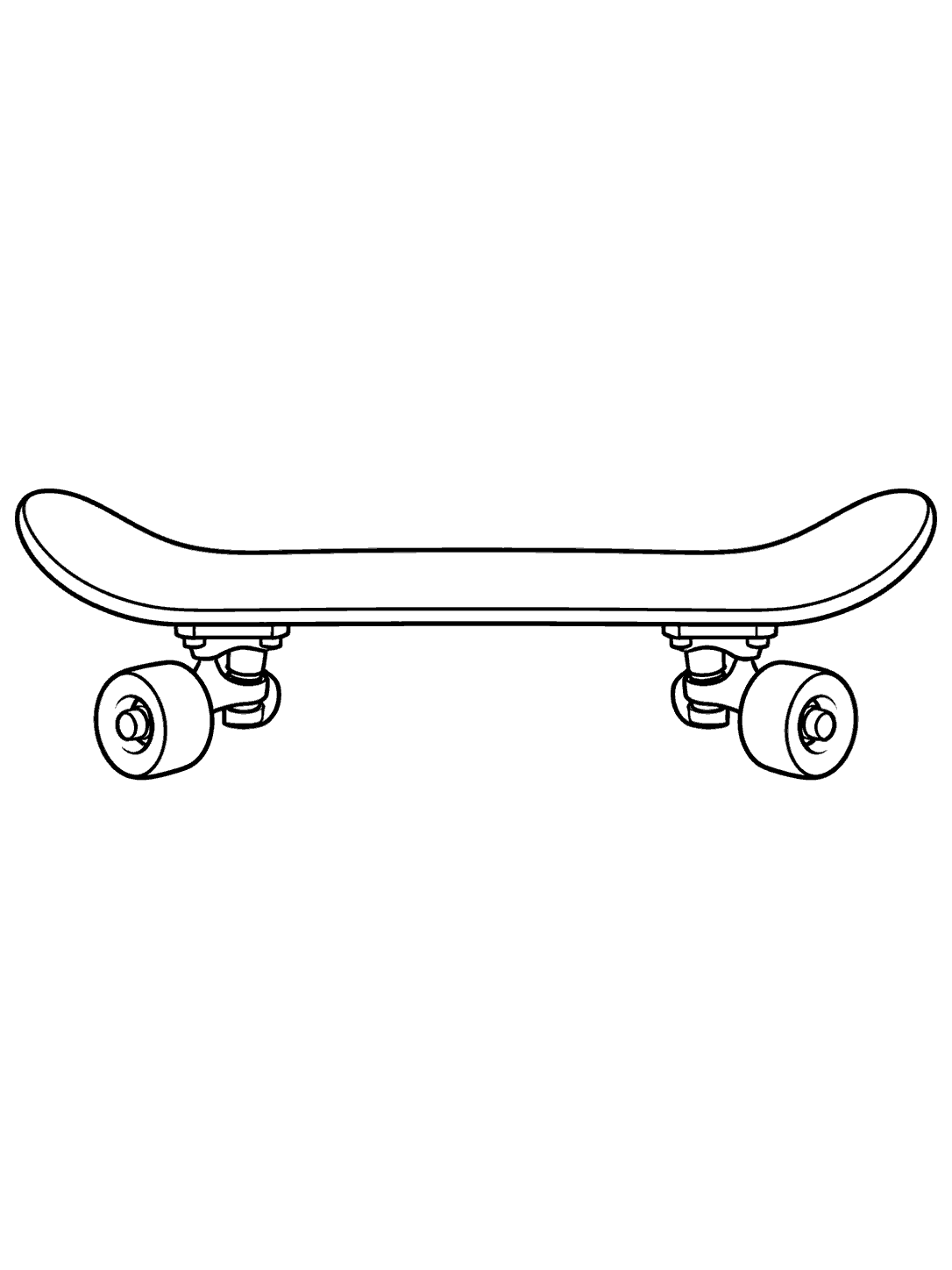 Black-outline skateboard coloring page in side view on a white background