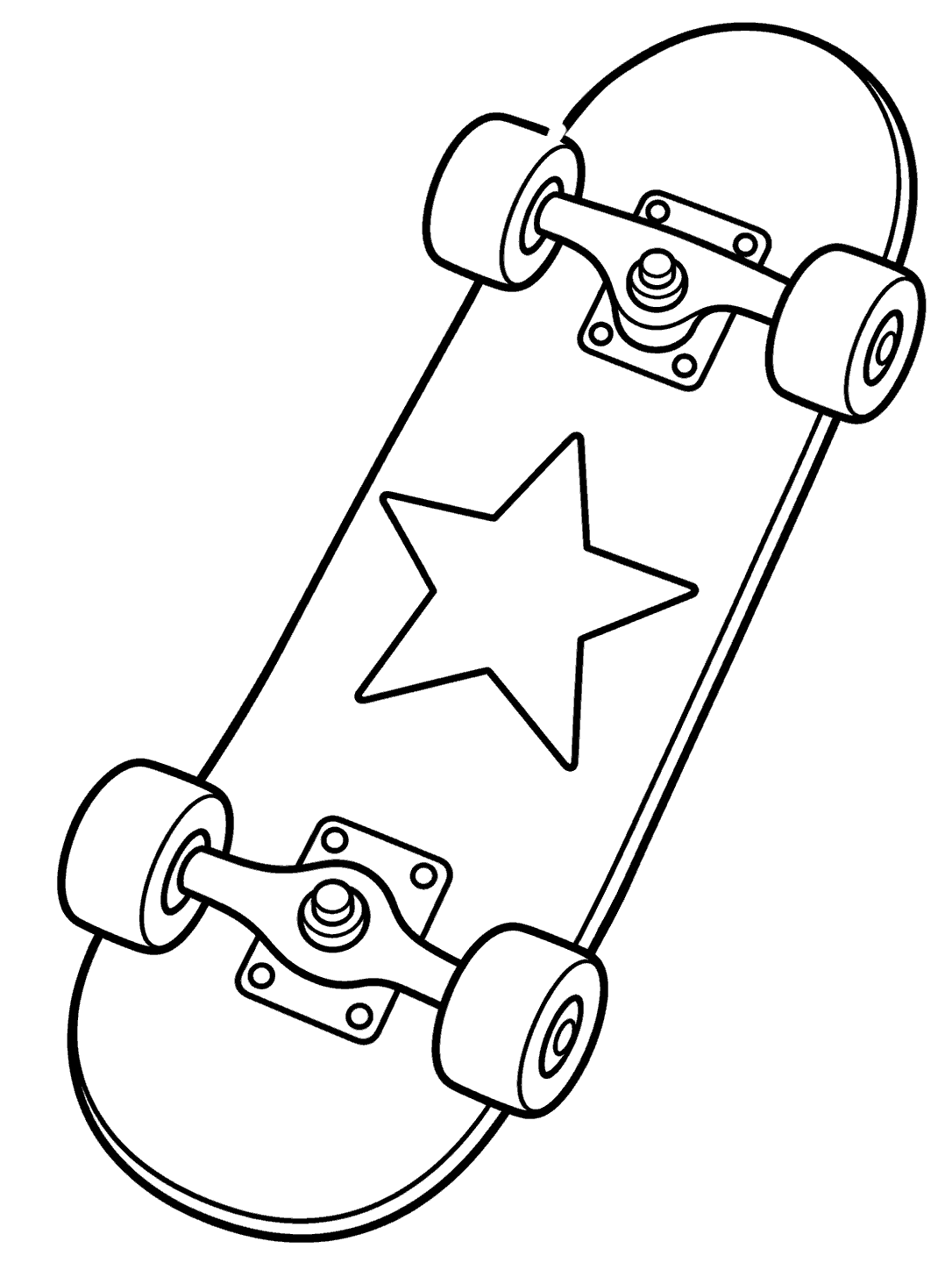 Skateboard with a star deck, trucks, and four wheels in a black-outline coloring page.