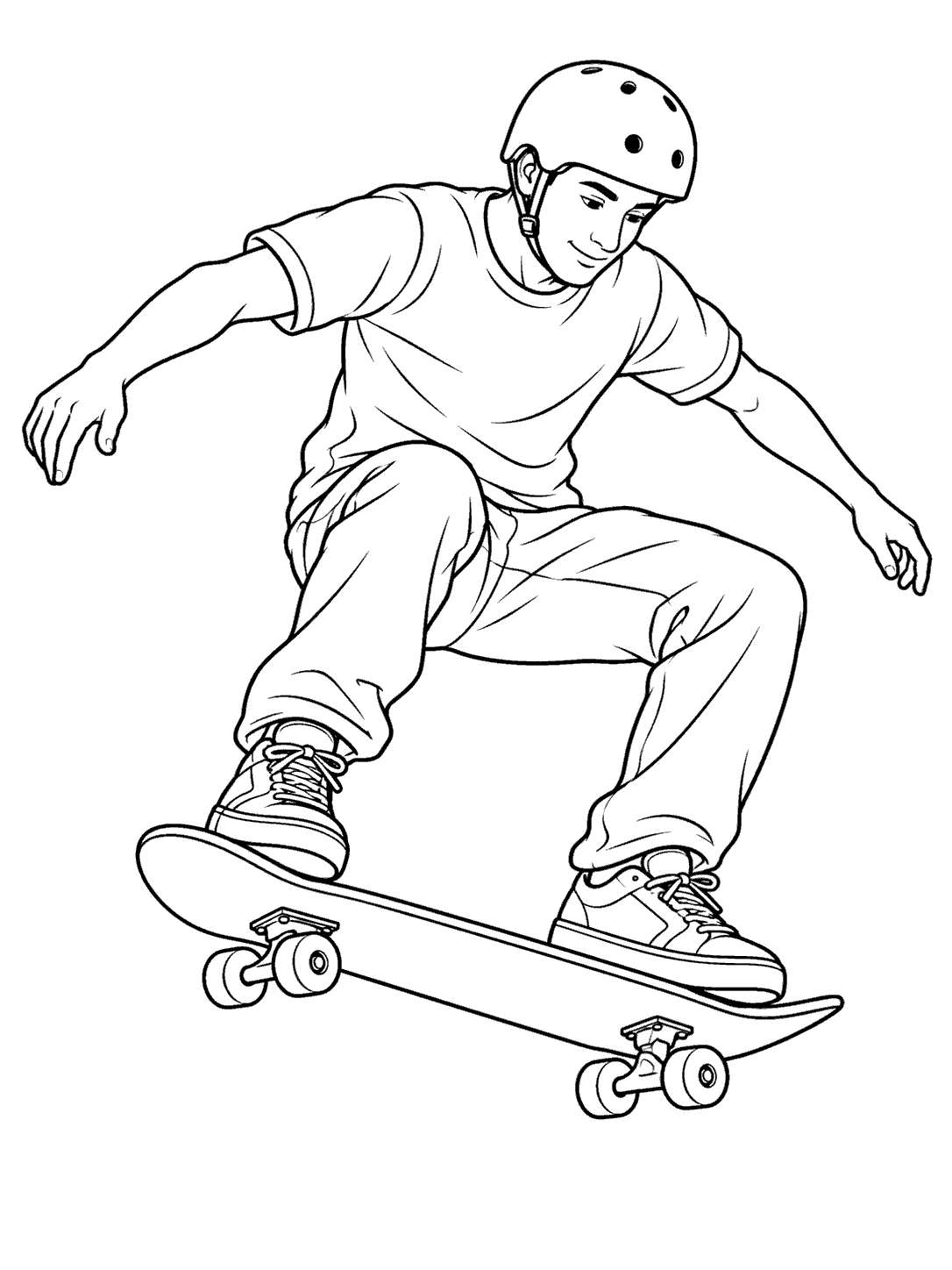 Helmeted adult skateboarder performing an ollie on a four-wheeled board, in a black-outline coloring page.
