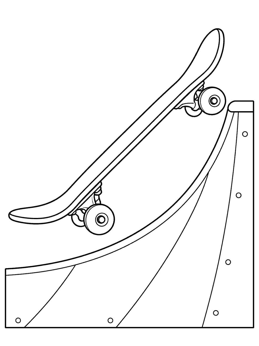Black-outline skateboard rolling up a quarter pipe coloring page