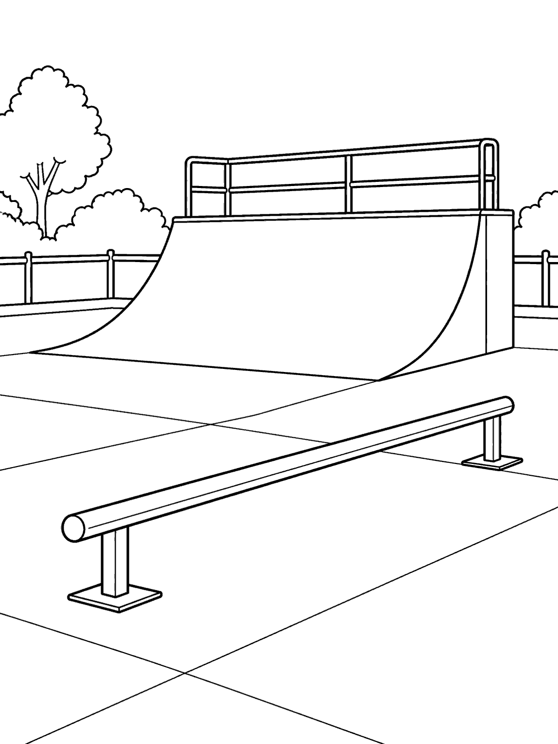 Black outline coloring page of a skatepark with a foreground grind rail, broad ramp, fence, and trees.