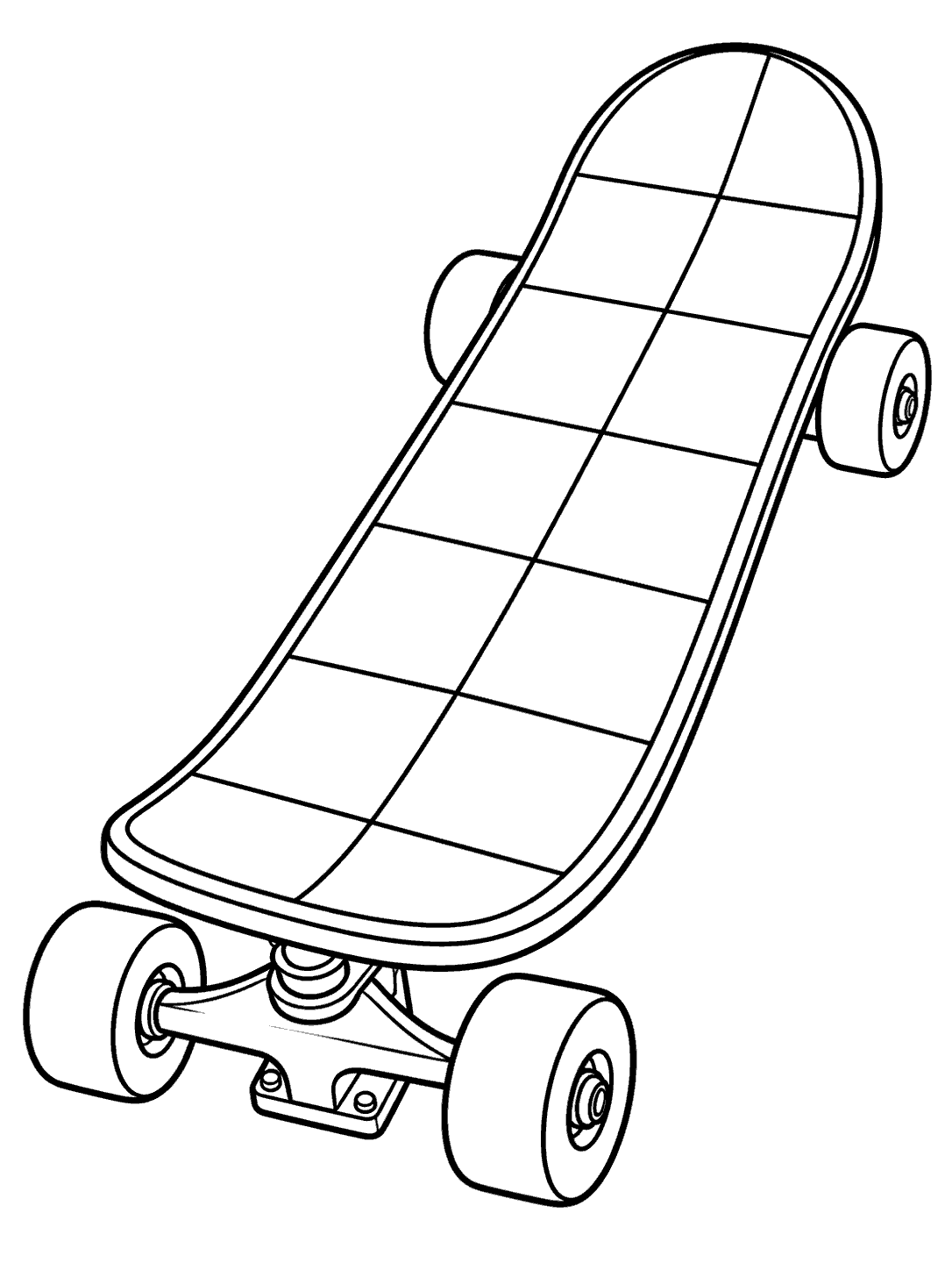 Black-outline coloring page of a skateboard in three-quarter view with large open checkerboard squares on its deck.