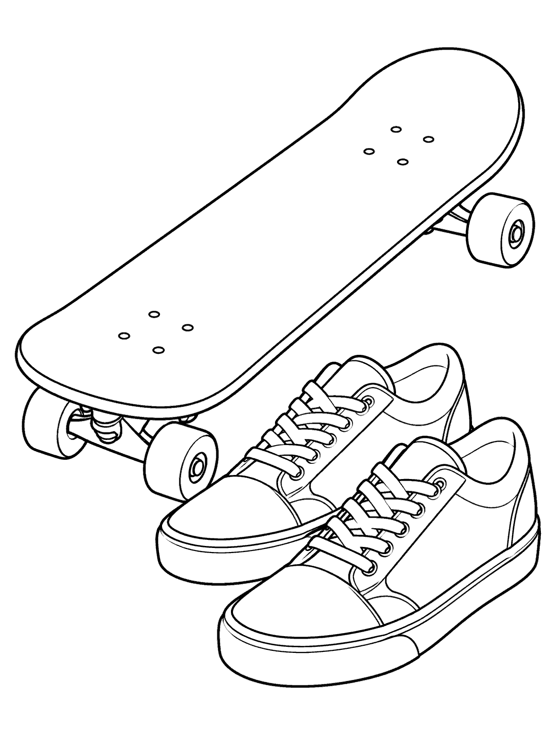 Portrait black-outline coloring page showing a diagonal skateboard and two low-top skate shoes on a white background.