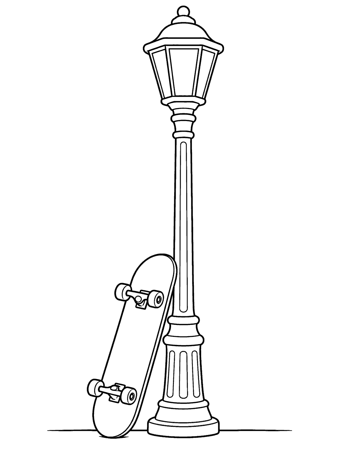Skateboard beside streetlight coloring page