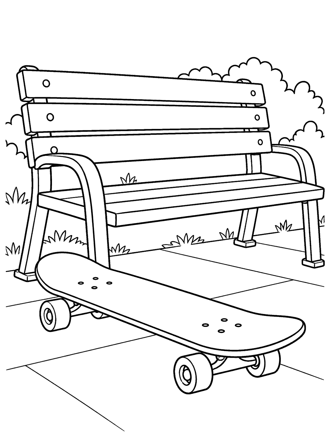 Black-outline coloring page showing a skateboard in front of a park bench with simple greenery.