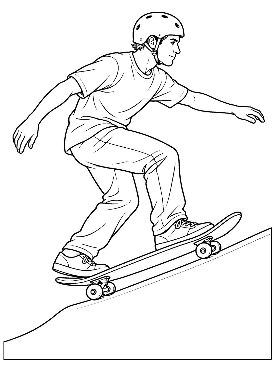 Black-outline coloring page of a helmeted skateboarder riding up a sloped bank