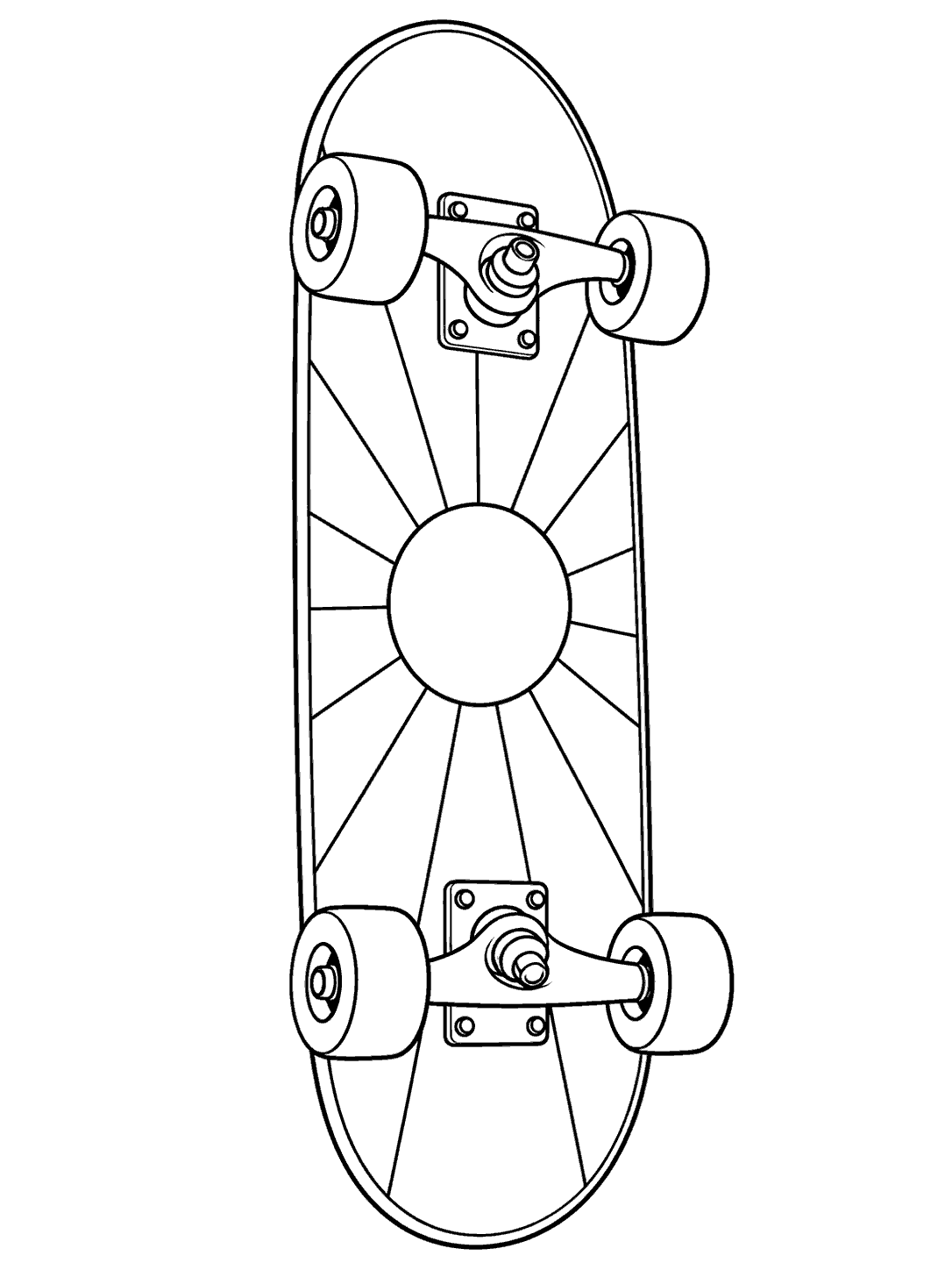 Vertical skateboard coloring page with a sunburst deck, visible trucks, and four wheels.