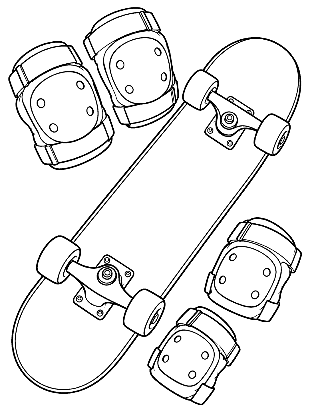Black-outline skateboard with four protective pads on a white coloring page