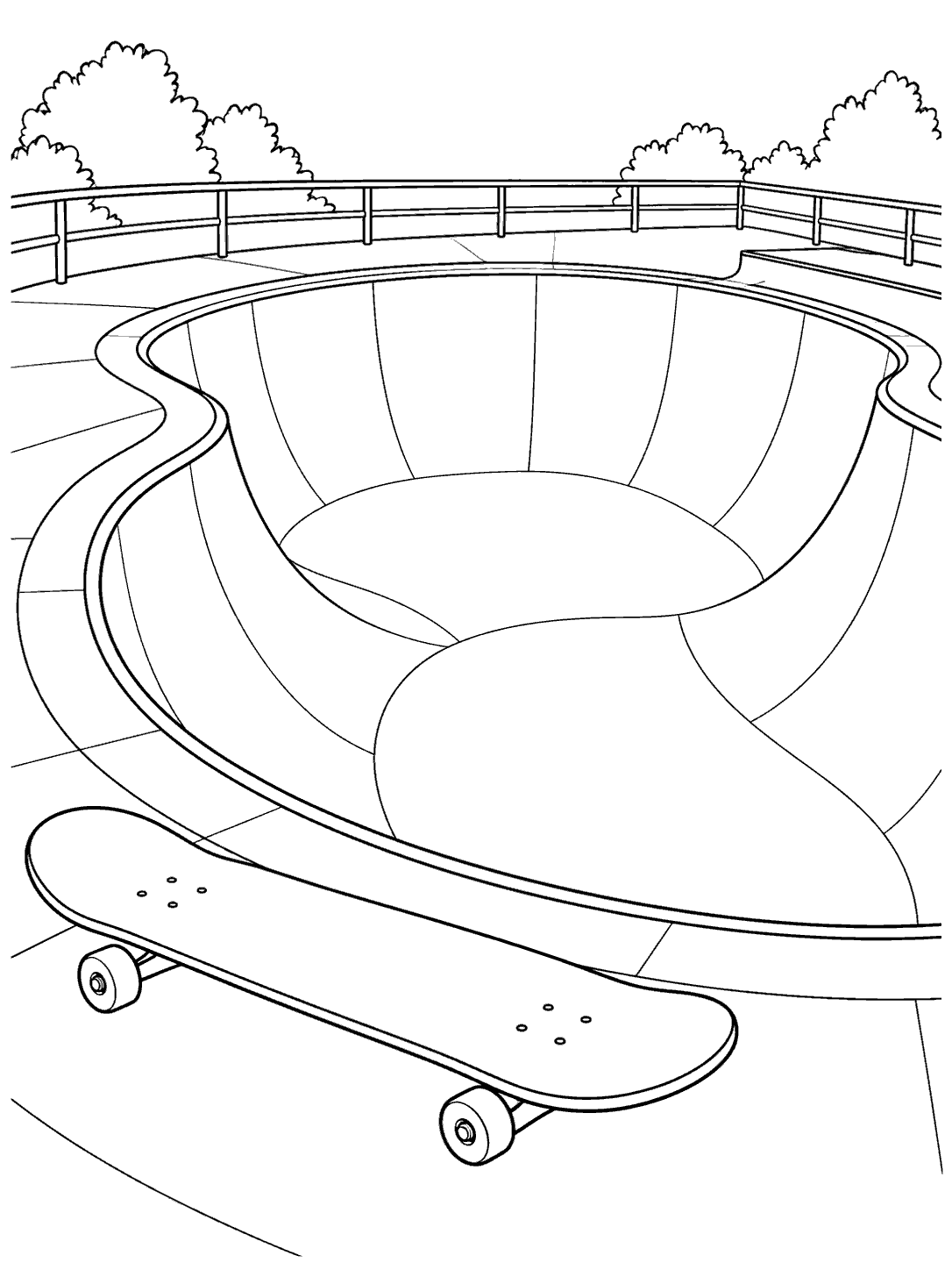 Black-outline coloring page of a skateboard beside a large curved skate bowl, with a railing and trees in the background.