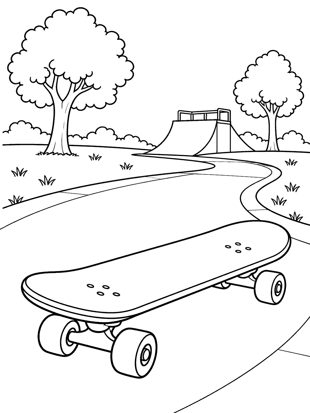 Large skateboard in the foreground of a park coloring page, with a curving path, one ramp, and two trees.