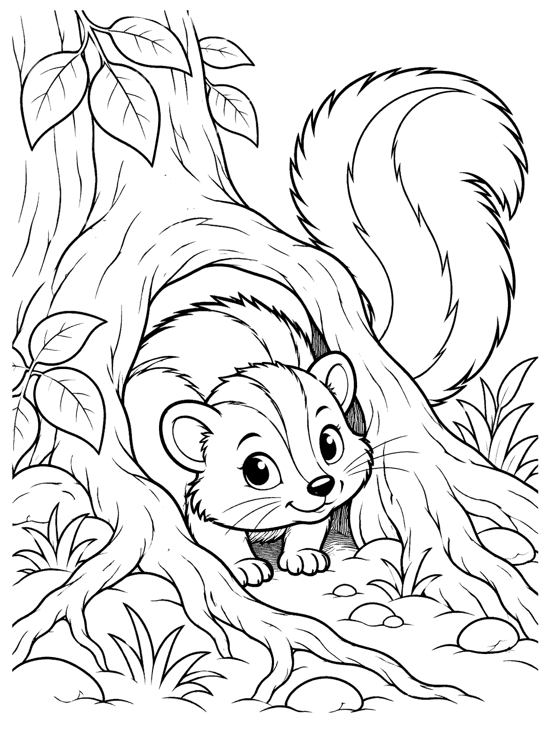 A smiling skunk peeking from beneath a large tree root, with its fluffy striped tail raised among leaves and roots.