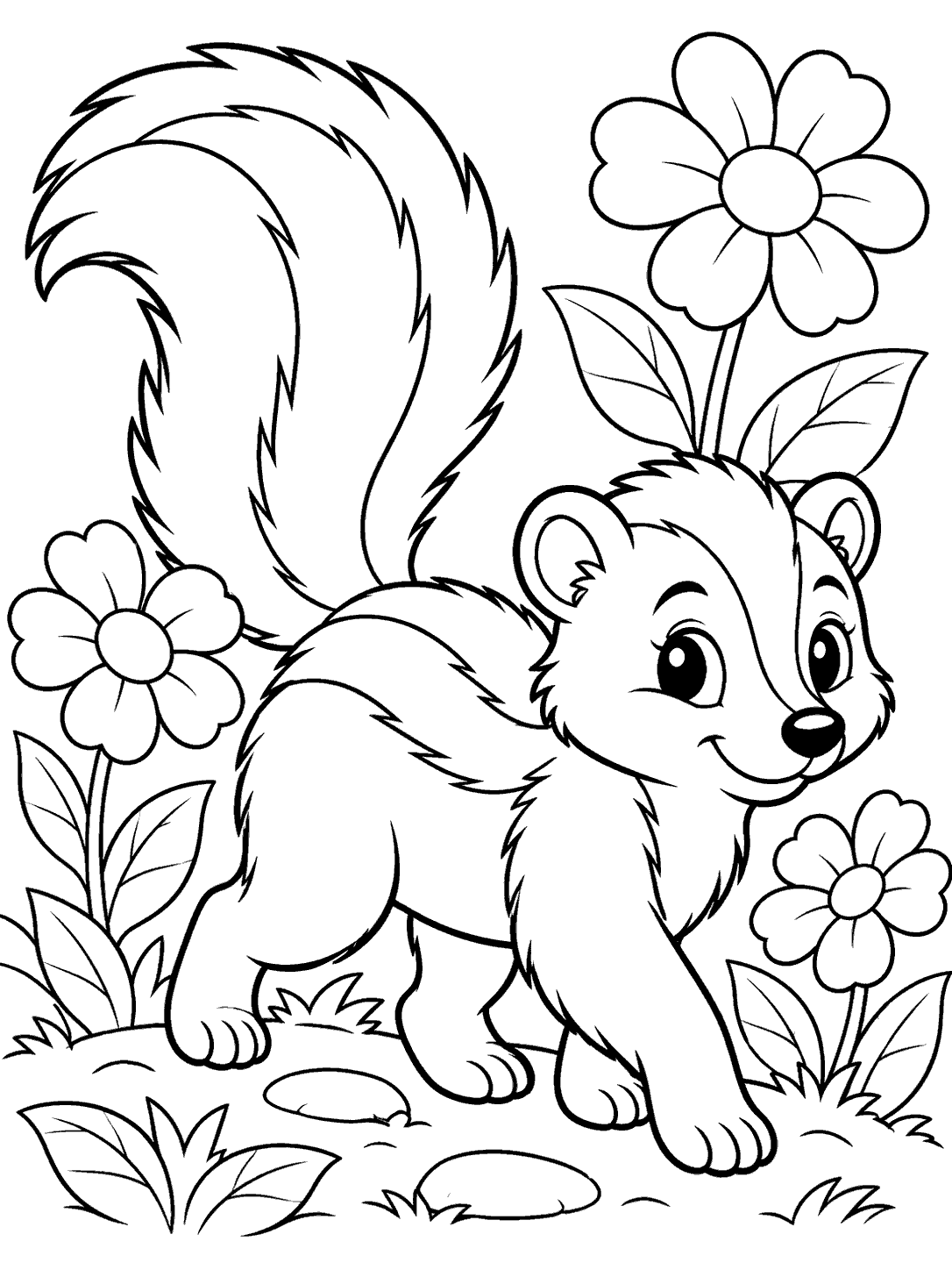 A full-body skunk with a distinct outlined stripe walking among three large flowers and leaves.