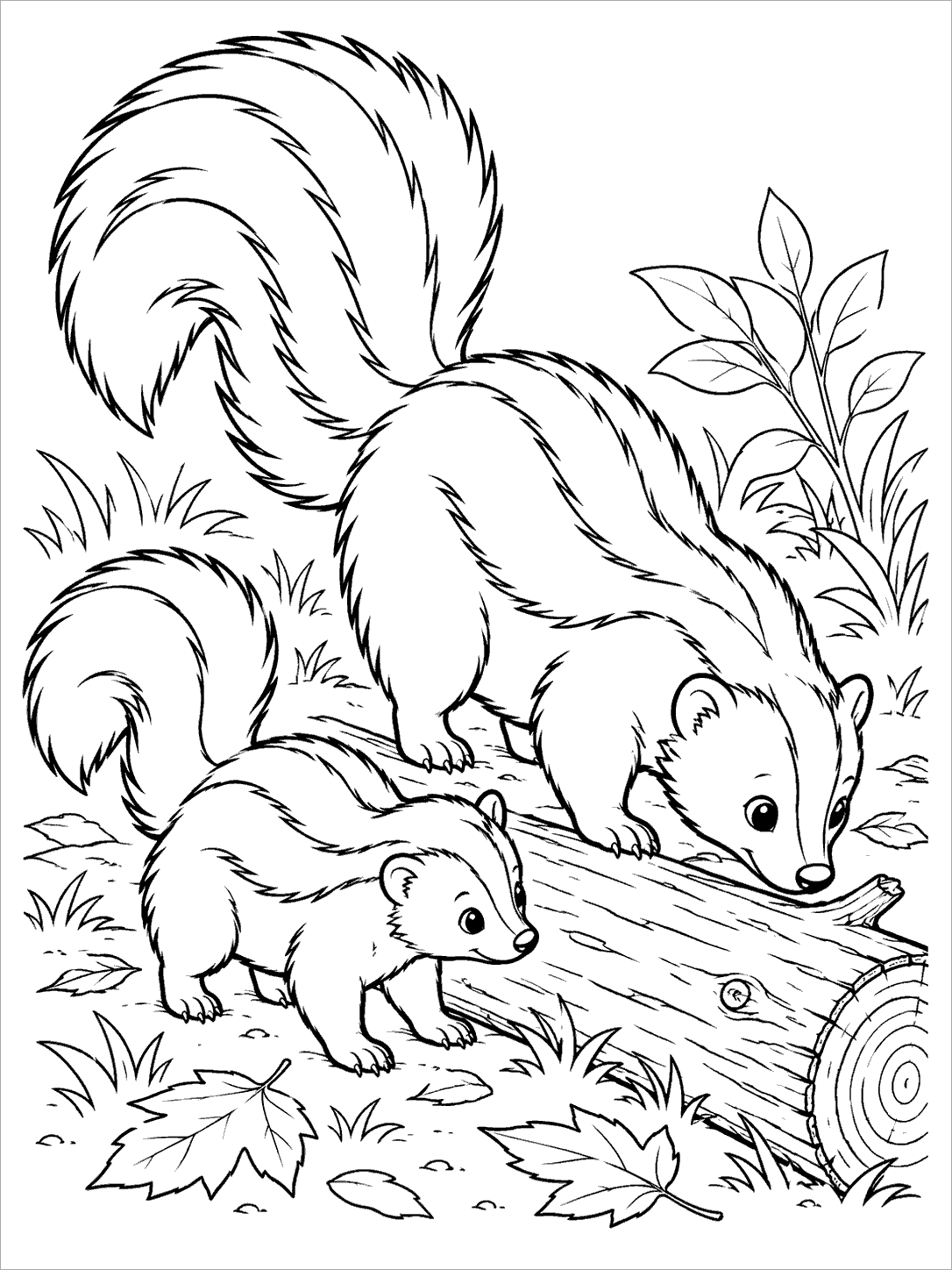 Two skunks of different sizes exploring beside a fallen log, with striped tails and scattered leaves.