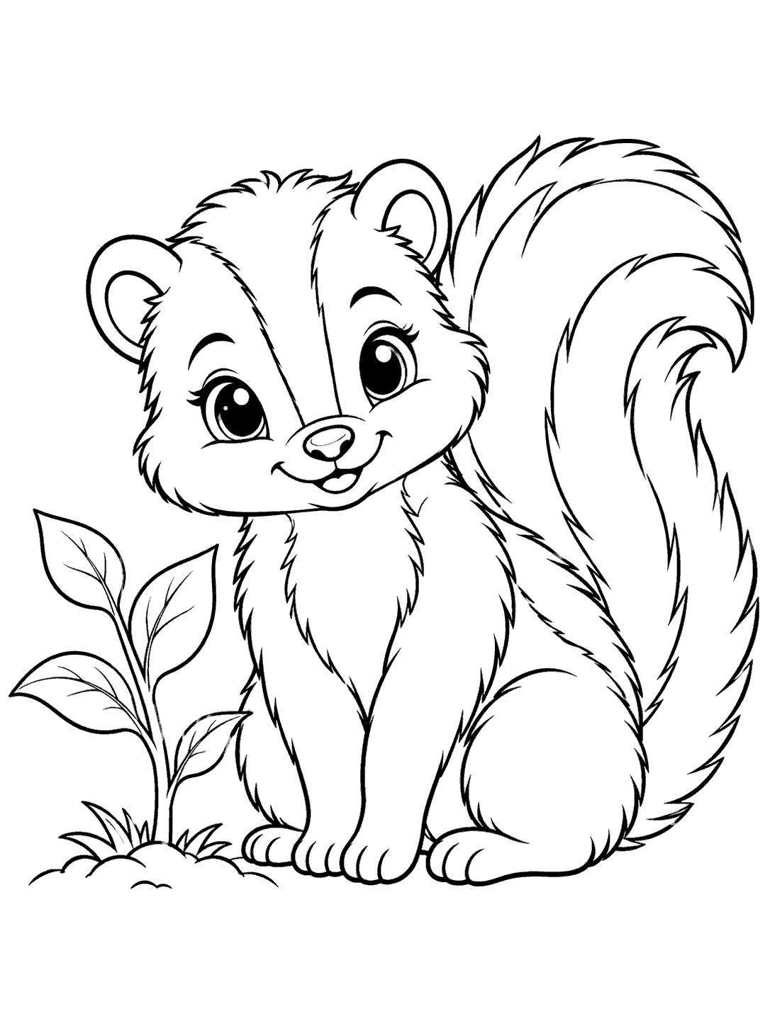 A baby skunk sitting beside a sprout
