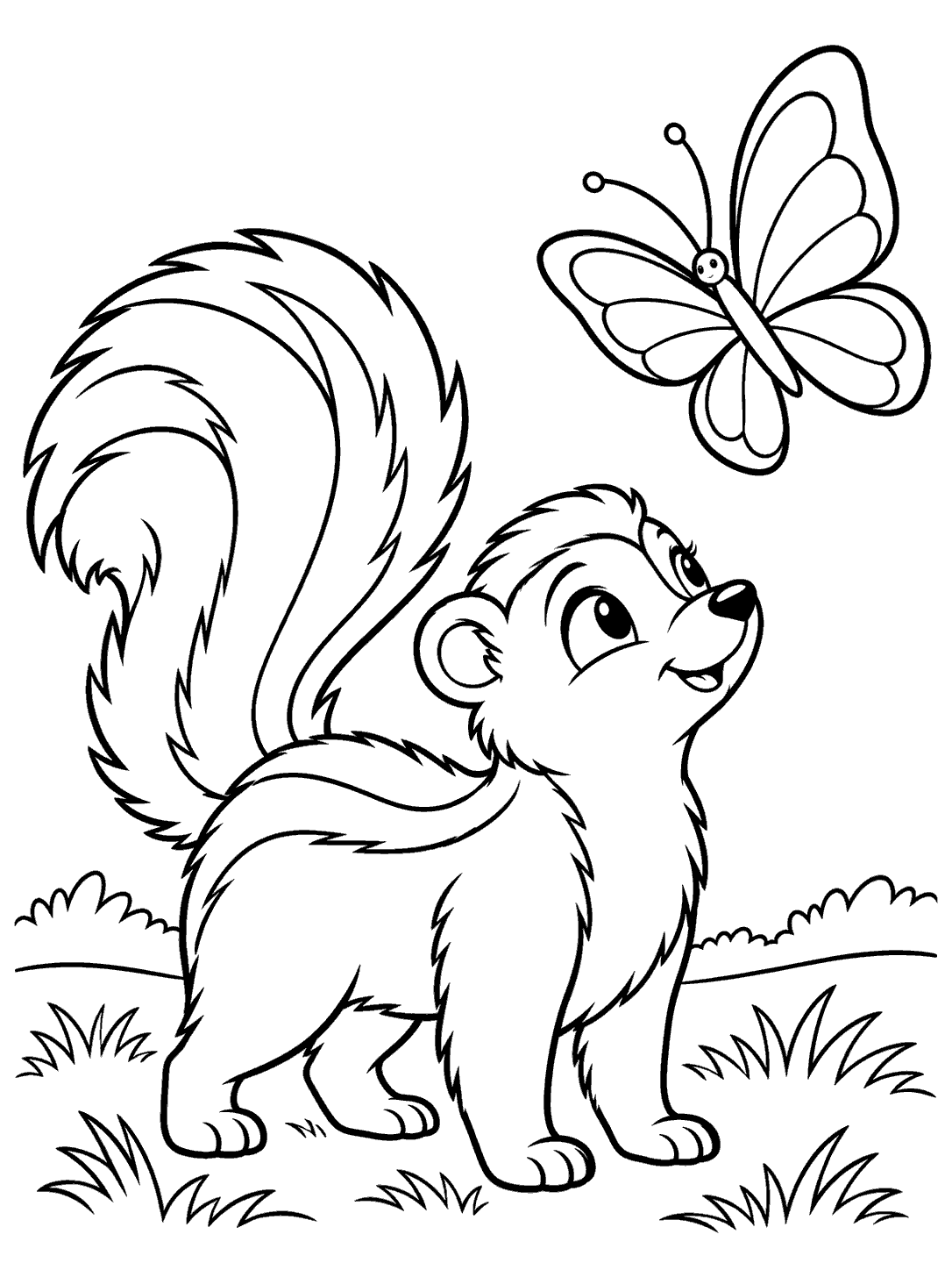 A standing skunk watches a large butterfly above the grass.