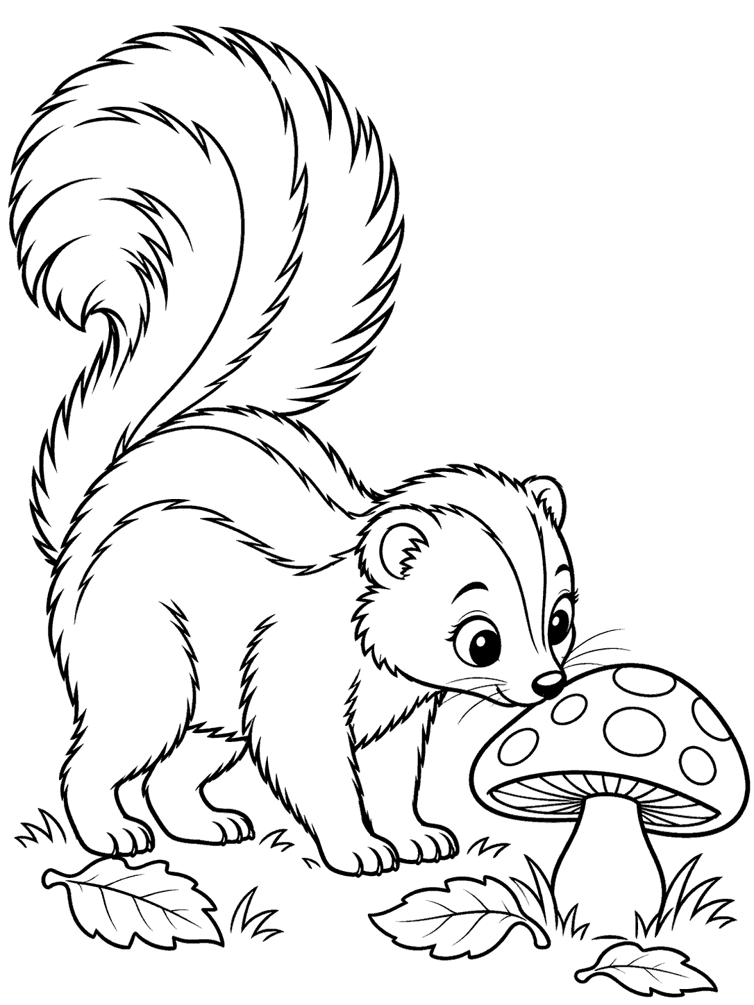 A skunk bending to sniff a large spotted mushroom, with a few leaves nearby.