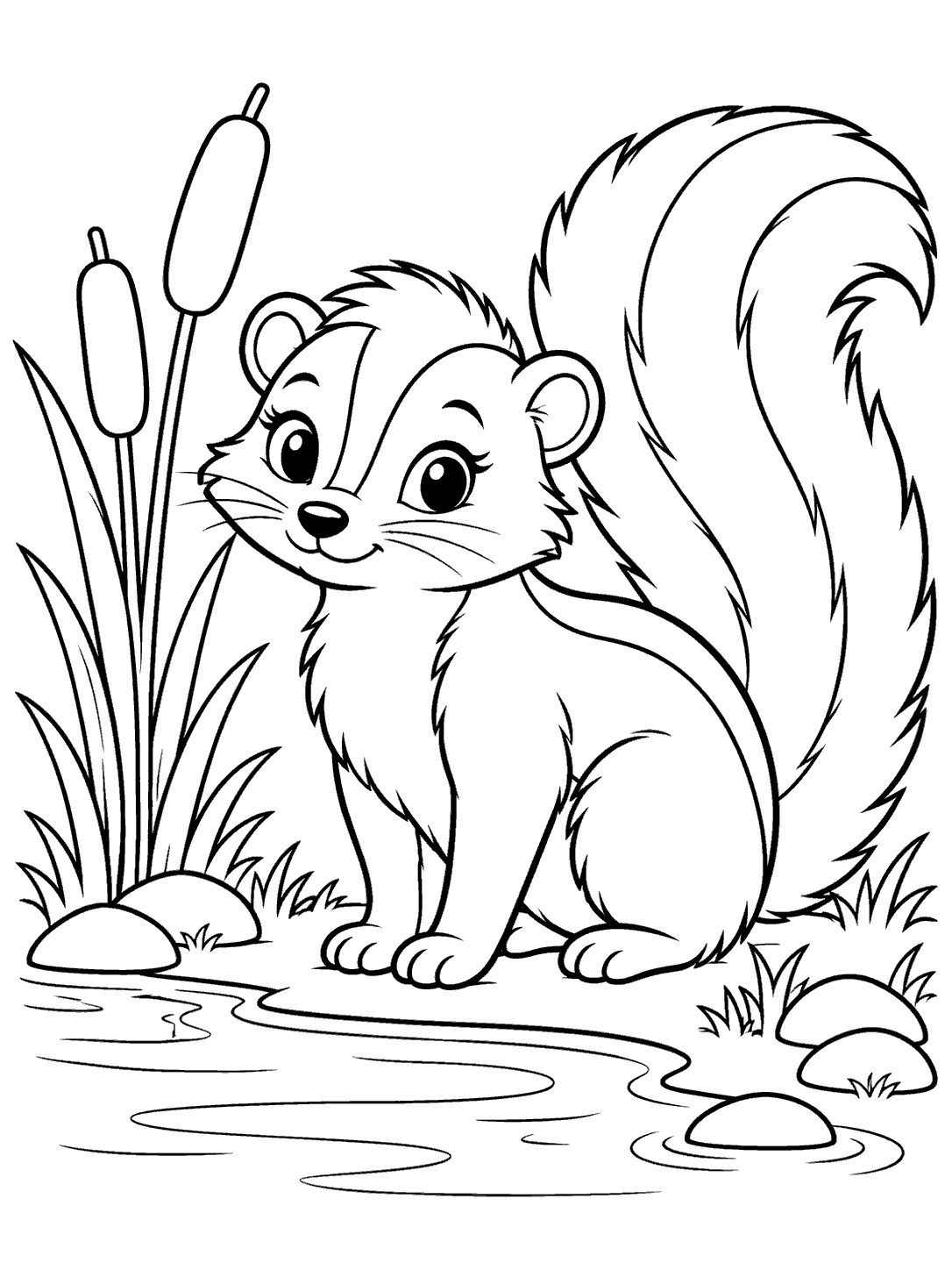 A seated skunk with a large striped tail beside a curved pond, reeds, and stones, in black outline on white.