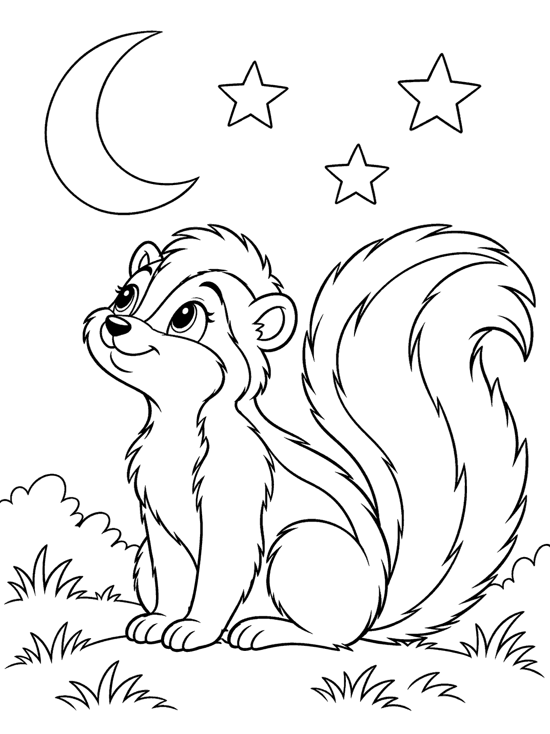 A seated skunk with a large bushy tail beneath a crescent moon and three outlined stars.