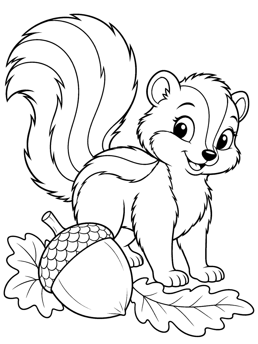 A smiling skunk with its striped tail raised beside an oversized acorn and two leaves, drawn in black outlines on white.