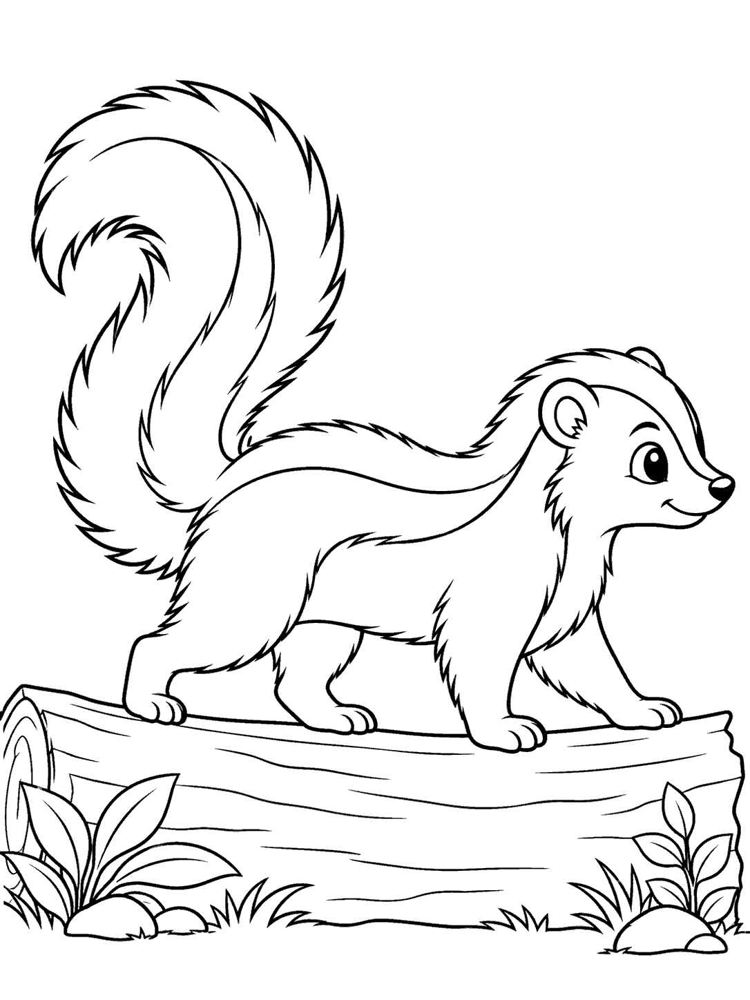 A side-view skunk with its raised curved tail walking across a fallen log, with simple plants near both ends.